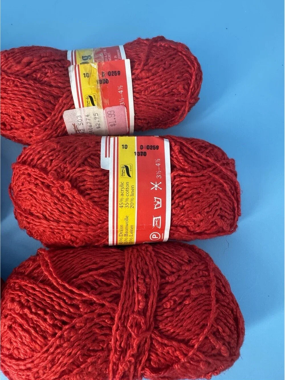 Lot of 6 Beverly Yarn Red Color 1370 50g Acrylic Cotton Linen Knitting Crochet